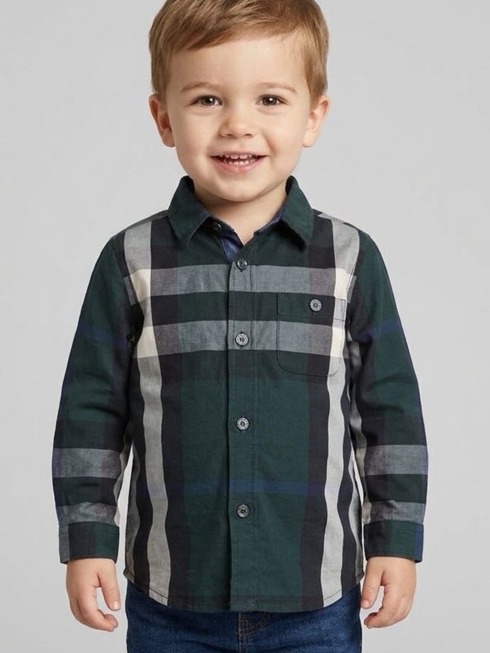 Burberry Boys' 2Y Navy, Hunter Green & Black Plaid Button-Down Shirt